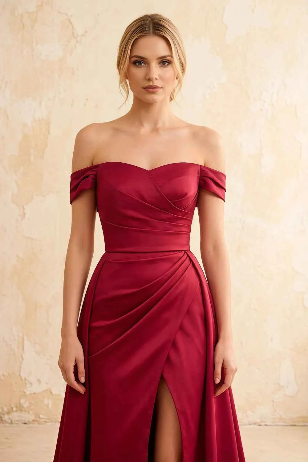 Jeanne Burgundy Satin Off Shoulder Maxi Dress