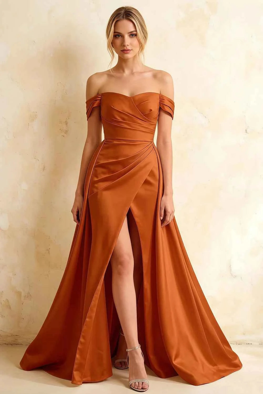 Jeanne Burnt Orange Satin Off Shoulder Maxi Dress
