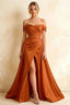 Jeanne Burnt Orange Satin Off Shoulder Maxi Dress