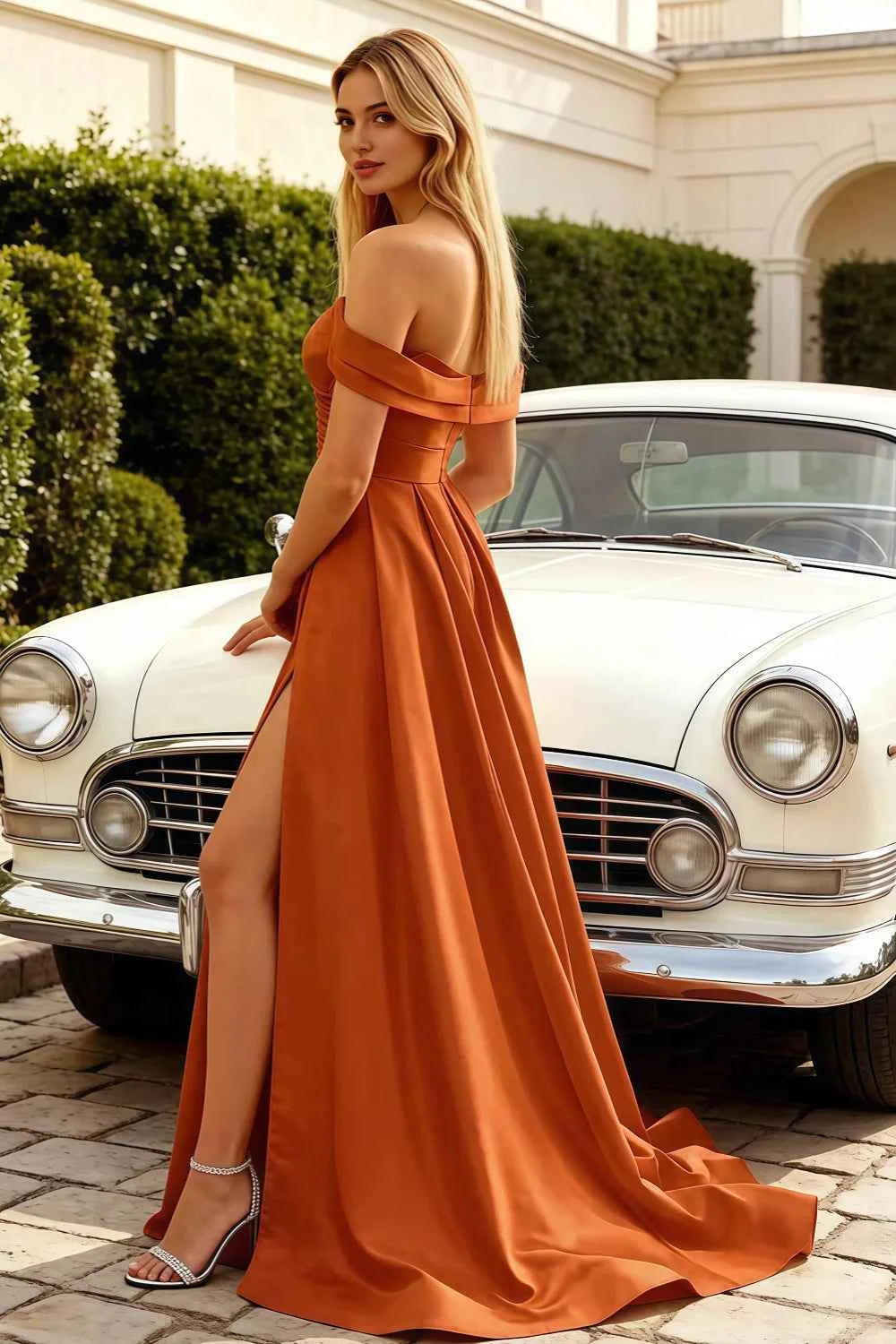 Jeanne Burnt Orange Satin Off Shoulder Maxi Dress