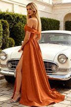 Jeanne Burnt Orange Satin Off Shoulder Maxi Dress