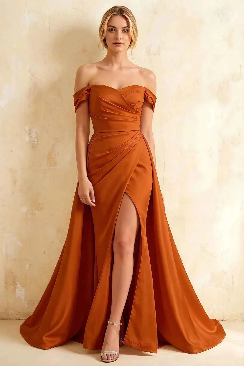 Jeanne Burnt Orange Satin Off Shoulder Maxi Dress