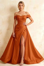 Jeanne Burnt Orange Satin Off Shoulder Maxi Dress