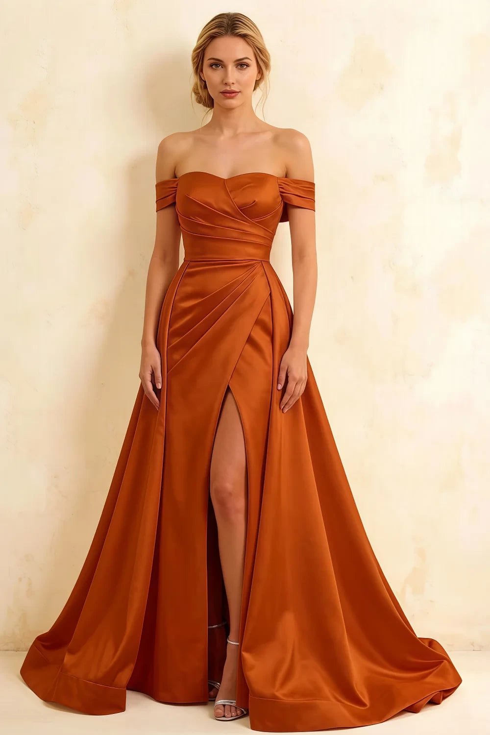 Jeanne Burnt Orange Satin Off Shoulder Maxi Dress