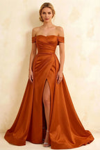 Jeanne Burnt Orange Satin Off Shoulder Maxi Dress