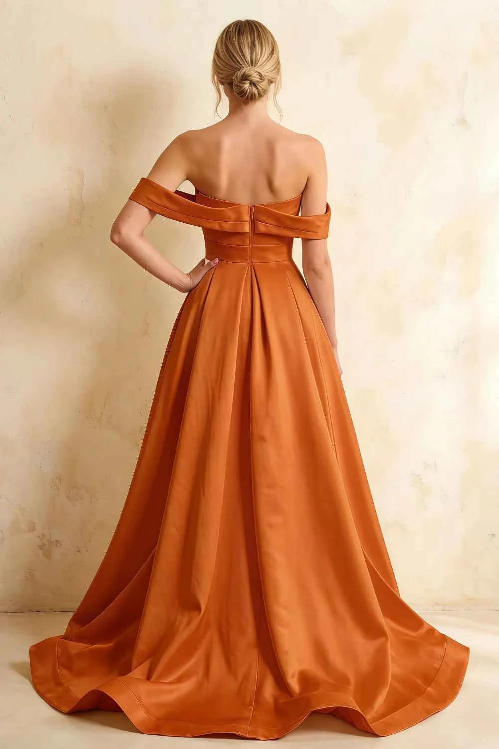 Jeanne Burnt Orange Satin Off Shoulder Maxi Dress