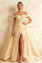 Jeanne Champagne Satin Off Shoulder Maxi Dress