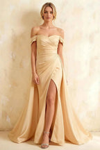 Jeanne Champagne Satin Off Shoulder Maxi Dress