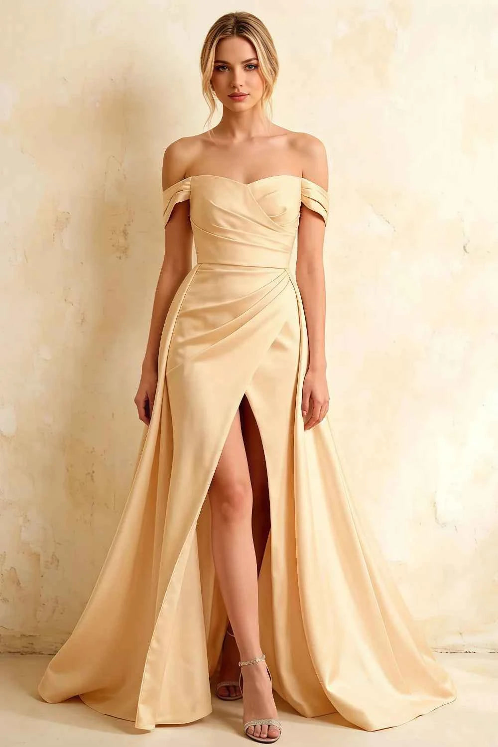 Jeanne Champagne Satin Off Shoulder Maxi Dress