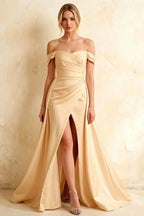 Jeanne Champagne Satin Off Shoulder Maxi Dress