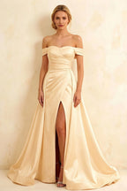 Jeanne Champagne Satin Off Shoulder Maxi Dress