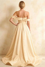 Jeanne Champagne Satin Off Shoulder Maxi Dress