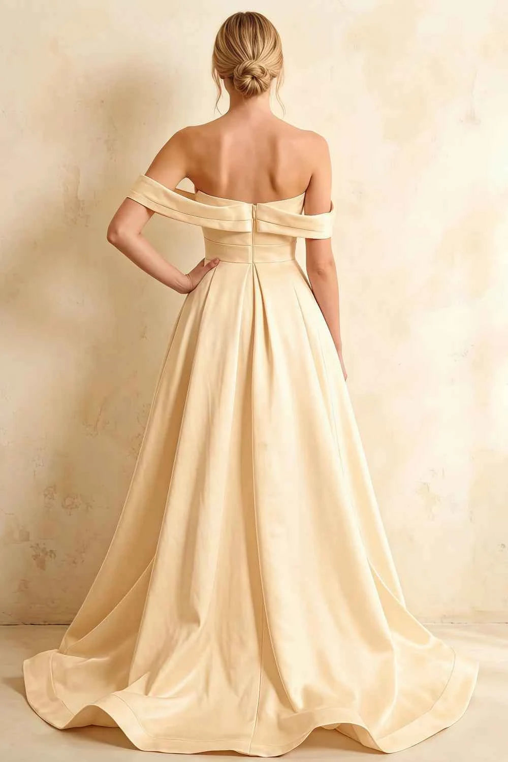 Jeanne Champagne Satin Off Shoulder Maxi Dress