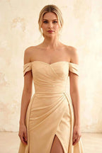 Jeanne Champagne Satin Off Shoulder Maxi Dress