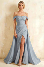 Jeanne Dusty Blue Satin Off Shoulder Maxi Dress