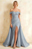 Jeanne Dusty Blue Satin Off Shoulder Maxi Dress