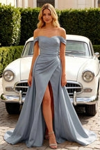 Jeanne Dusty Blue Satin Off Shoulder Maxi Dress