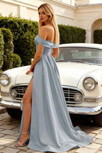 Jeanne Dusty Blue Satin Off Shoulder Maxi Dress