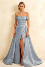 Jeanne Dusty Blue Satin Off Shoulder Maxi Dress