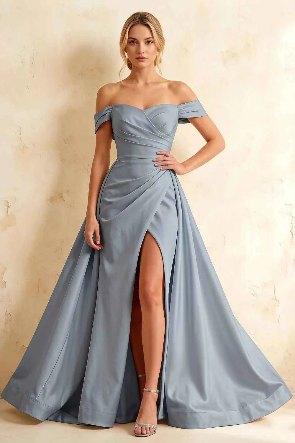 Jeanne Dusty Blue Satin Off Shoulder Maxi Dress