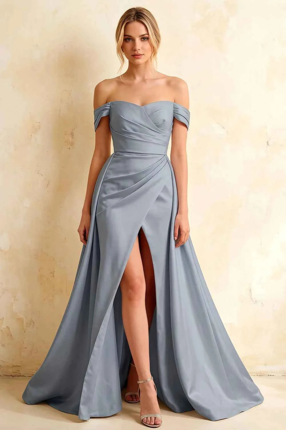 Jeanne Dusty Blue Satin Off Shoulder Maxi Dress