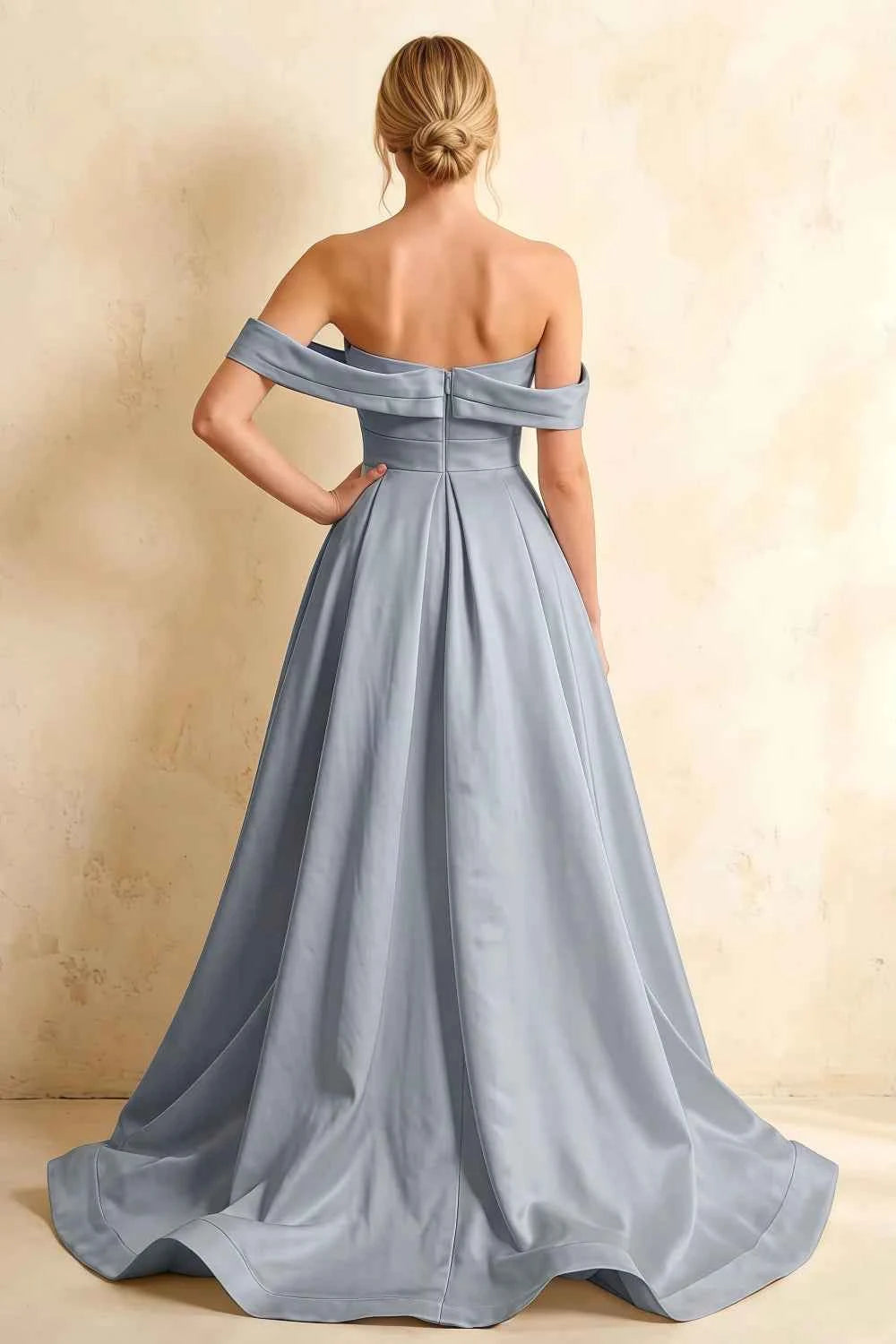 Jeanne Dusty Blue Satin Off Shoulder Maxi Dress
