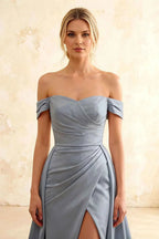 Jeanne Dusty Blue Satin Off Shoulder Maxi Dress
