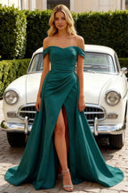 Jeanne Emerald Green Satin Off Shoulder Maxi Dress