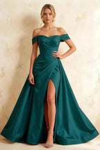 Jeanne Emerald Green Satin Off Shoulder Maxi Dress