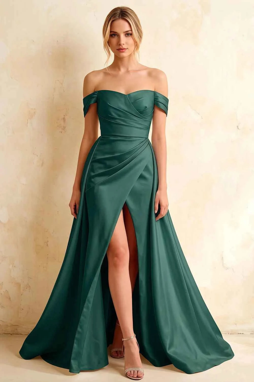 Jeanne Emerald Green Satin Off Shoulder Maxi Dress