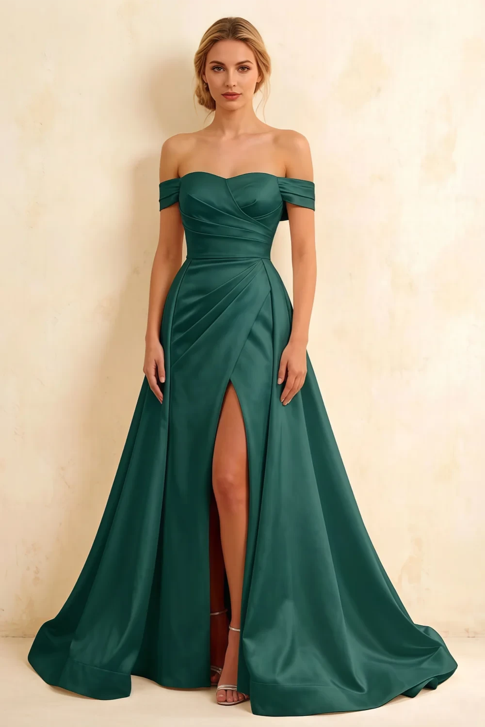 Jeanne Emerald Green Satin Off Shoulder Maxi Dress
