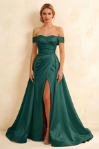 Jeanne Emerald Green Satin Off Shoulder Maxi Dress