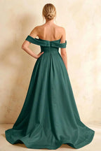Jeanne Emerald Green Satin Off Shoulder Maxi Dress