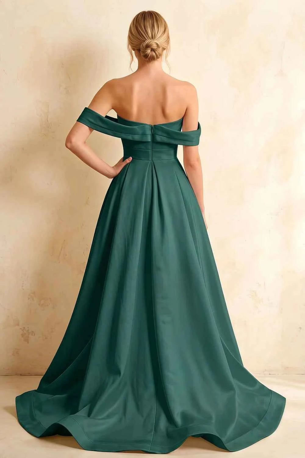 Jeanne Emerald Green Satin Off Shoulder Maxi Dress