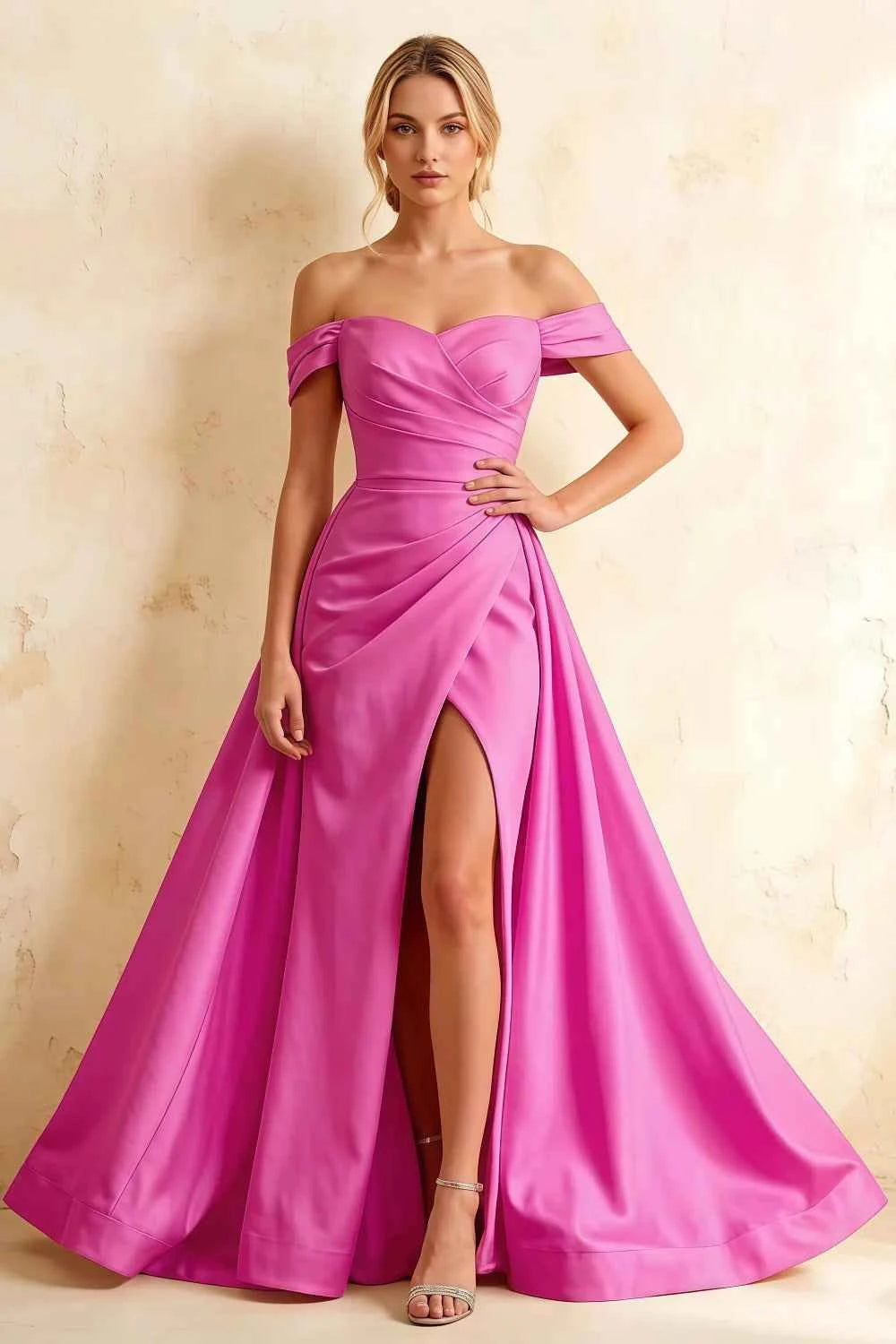 Jeanne Fuchsia Satin Off Shoulder Maxi Dress