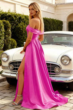 Jeanne Fuchsia Satin Off Shoulder Maxi Dress