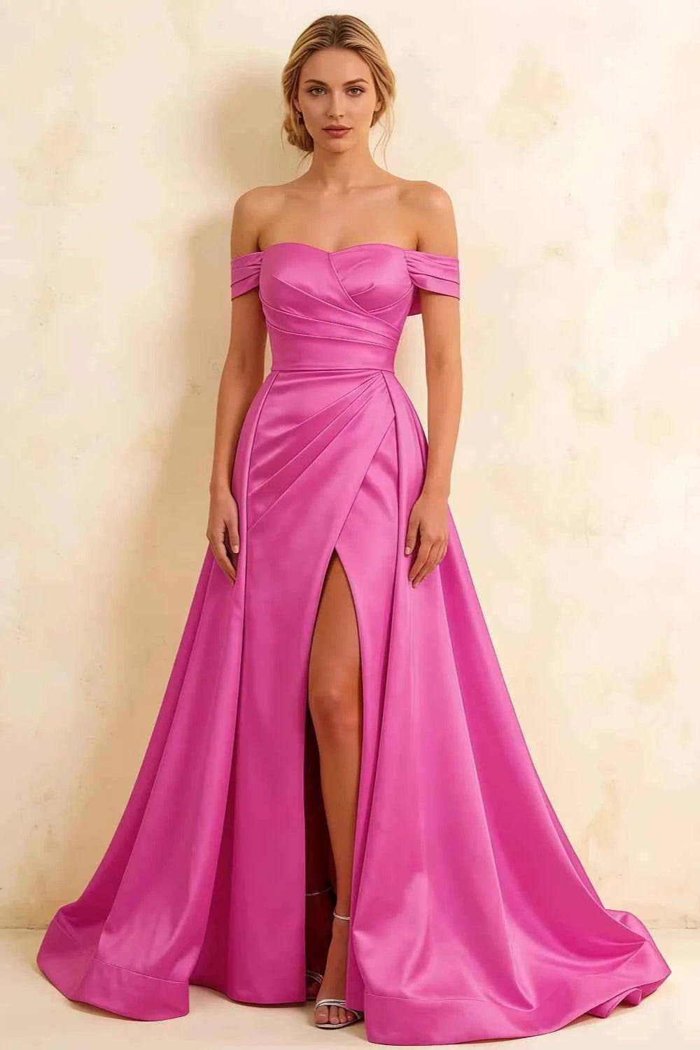 Jeanne Fuchsia Satin Off Shoulder Maxi Dress