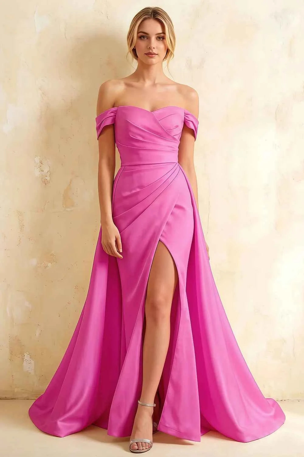 Jeanne Fuchsia Satin Off Shoulder Maxi Dress