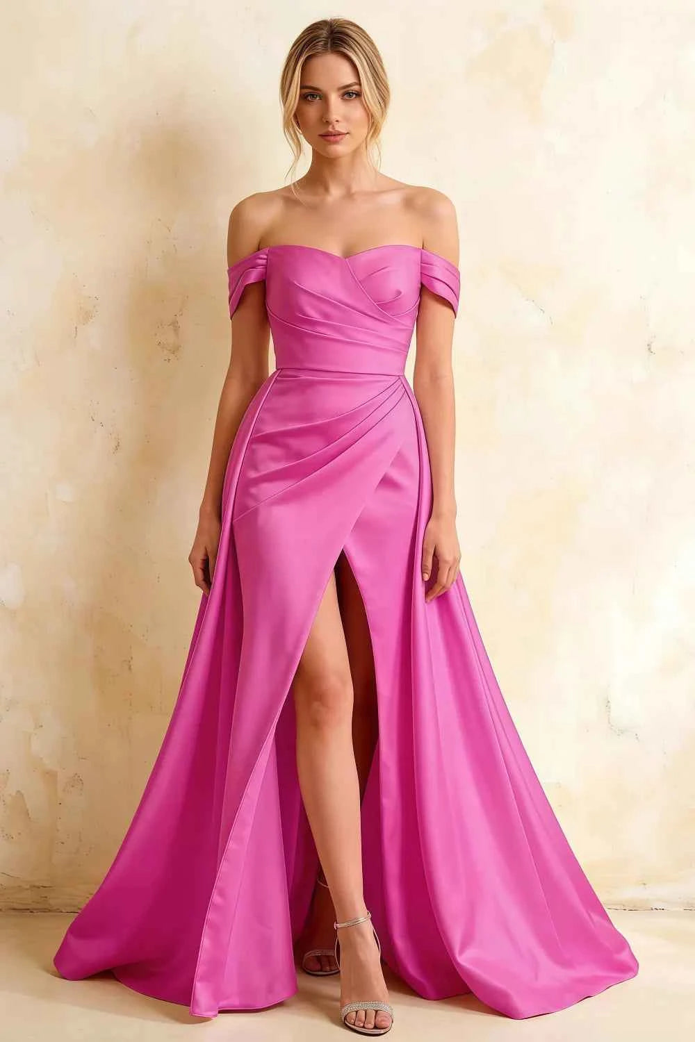 Jeanne Fuchsia Satin Off Shoulder Maxi Dress