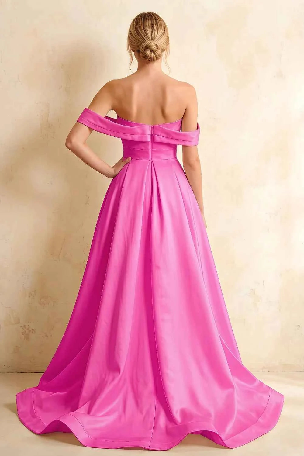 Jeanne Fuchsia Satin Off Shoulder Maxi Dress