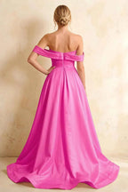 Jeanne Fuchsia Satin Off Shoulder Maxi Dress