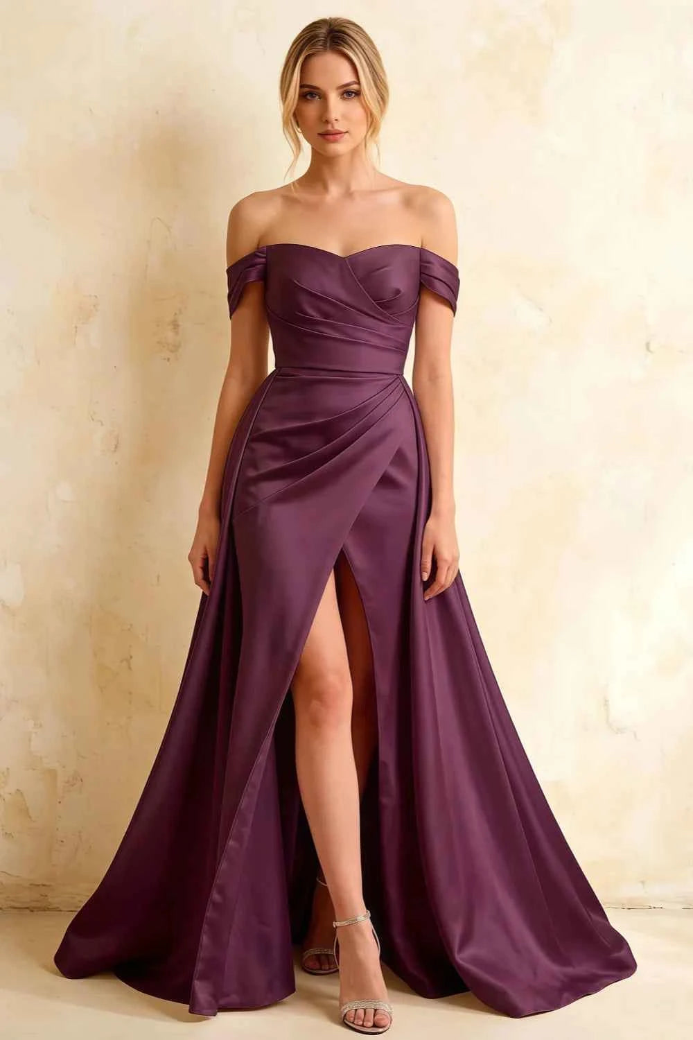 Jeanne Grape Satin Off Shoulder Maxi Dress