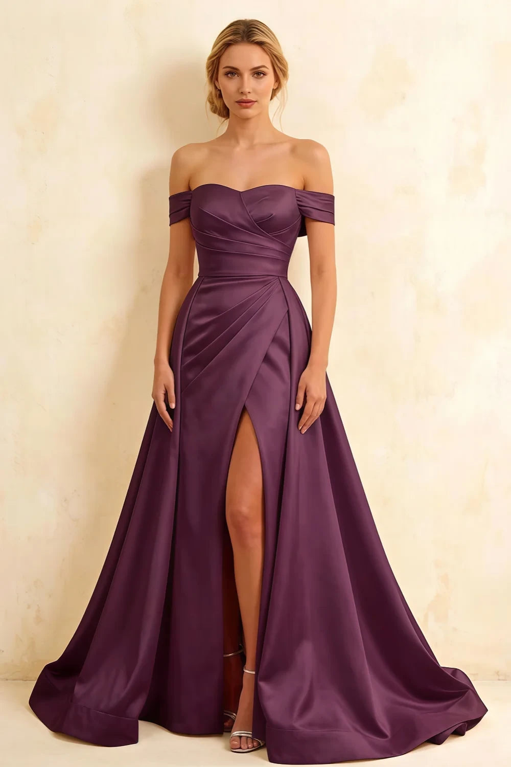 Jeanne Grape Satin Off Shoulder Maxi Dress