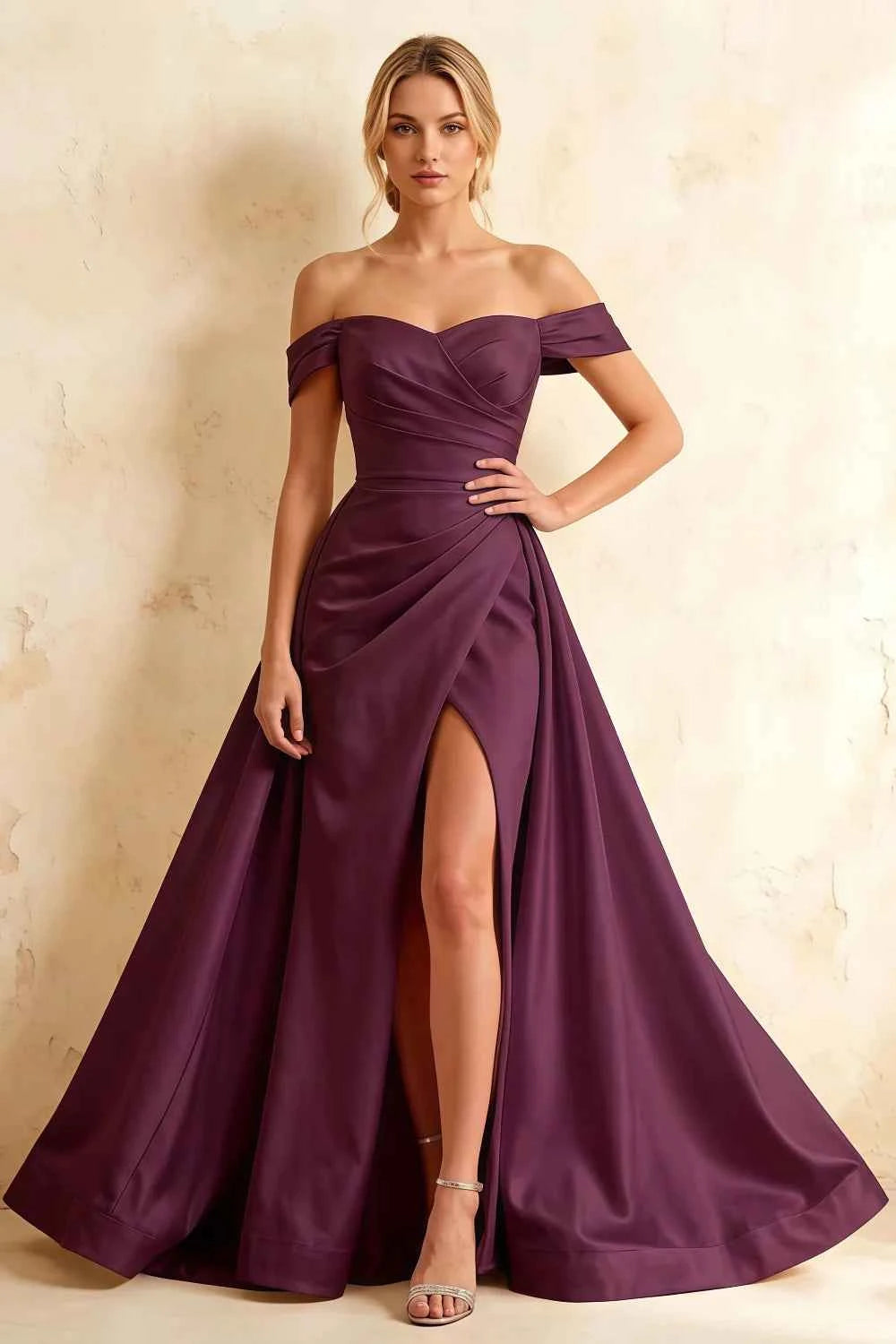 Jeanne Grape Satin Off Shoulder Maxi Dress