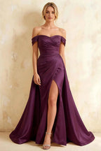 Jeanne Grape Satin Off Shoulder Maxi Dress