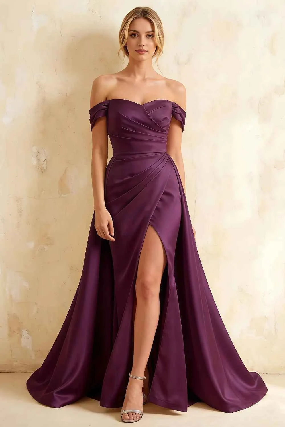 Jeanne Grape Satin Off Shoulder Maxi Dress