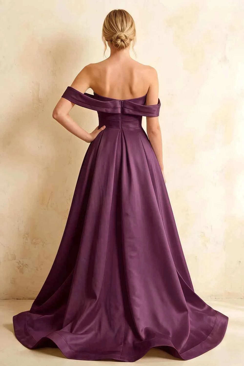 Jeanne Grape Satin Off Shoulder Maxi Dress