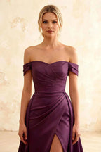 Jeanne Grape Satin Off Shoulder Maxi Dress
