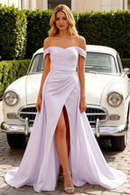 Jeanne Lavender Satin Off Shoulder Maxi Dress