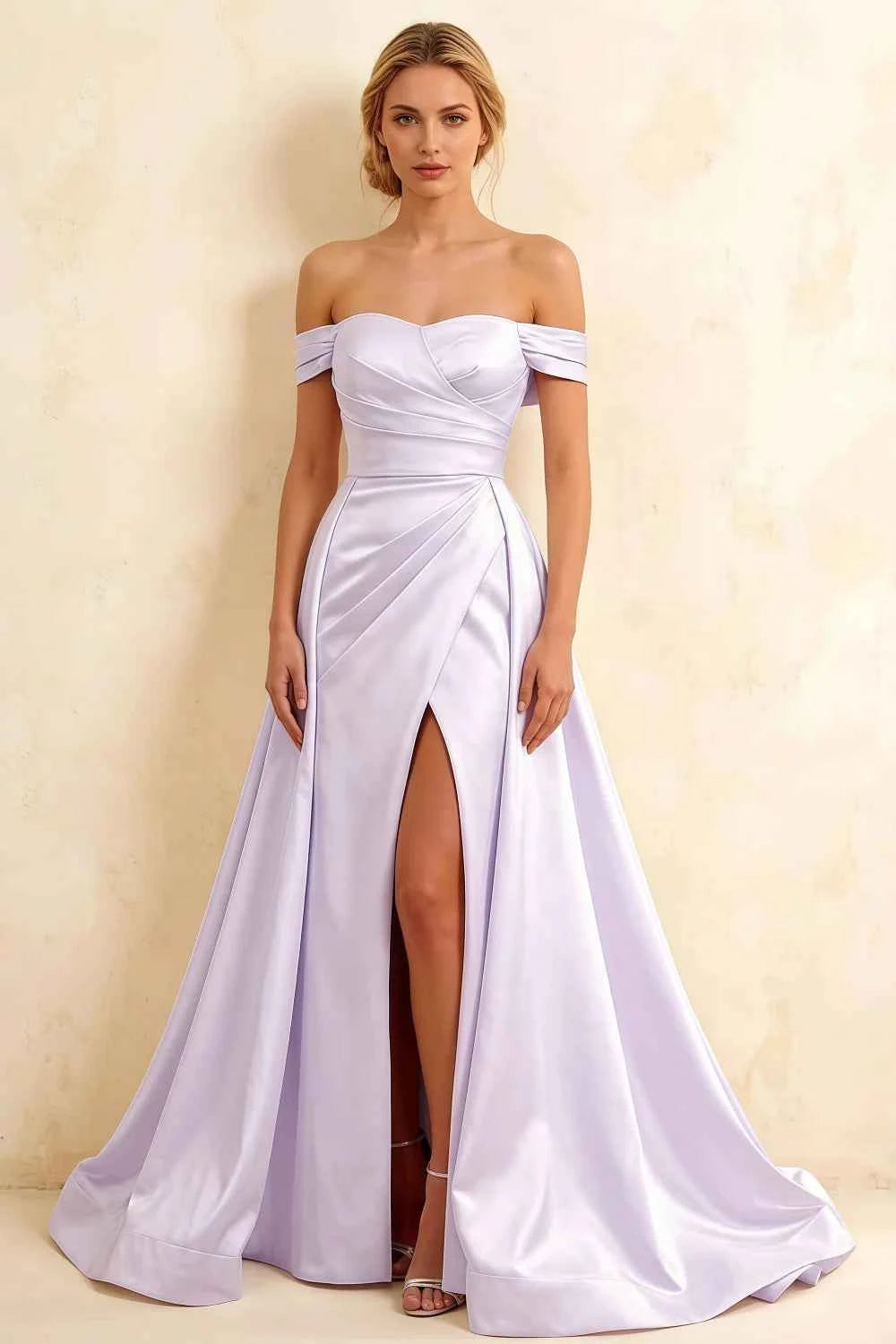 Jeanne Lavender Satin Off Shoulder Maxi Dress